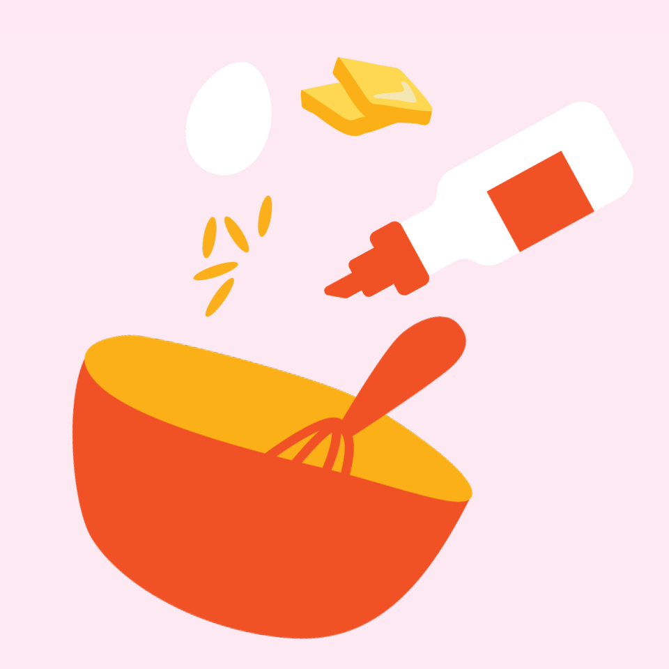 Mix up our mochi with easy recipes (illustration shows egg, butter, oil, and rice above a mixing bowl with a whisk inside).